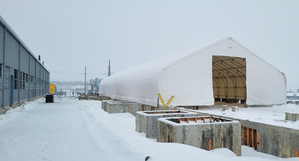 60’ x 150’ Dual Truss Shelter built on concrete knee wall. 2022, Montreal, QC Canada.