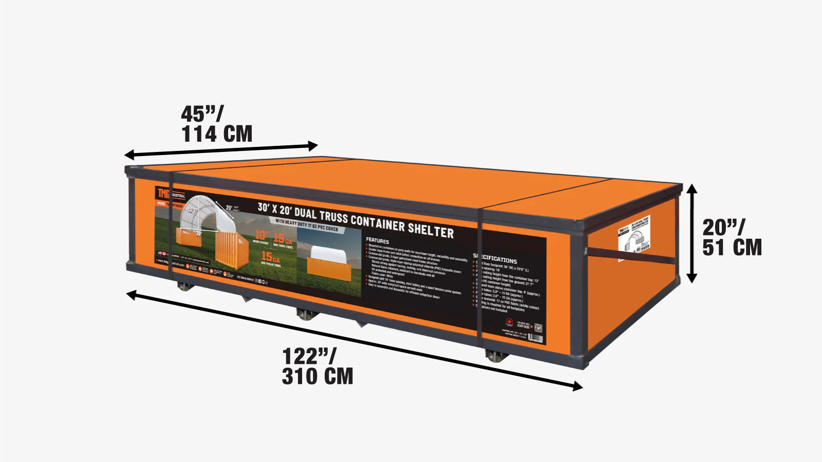 30' x 20' kaksoisristikkorakenteinen konttisuoja raskaaseen käyttöön tarkoitetulla 17 oz:n PVC-katoksella, TMG-DT3020C-shipping-info-image