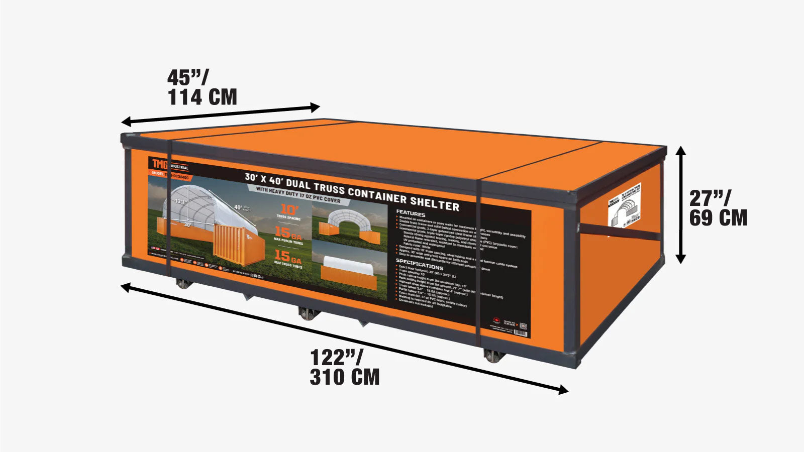 30' x 40' kaksoisristikkorakenteinen konttisuoja raskaaseen käyttöön tarkoitetulla 17 oz:n PVC-katoksella, TMG-DT3040C-shipping-info-image
