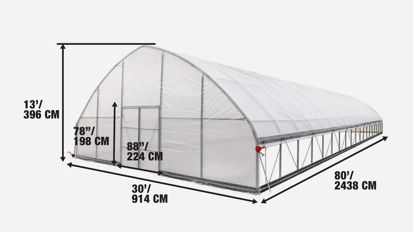 30' x 80' kaupallinen tunnelikasvihuone, jossa 6 Milin kirkkaat polyeteenipeitteet ja rullattavat sivut TMG-GH3080-specifications-image