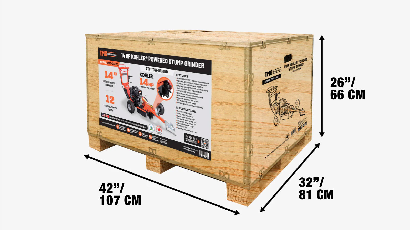 Käveltävä Kohler-sähkökäyttöinen kantojyrsin, mönkijä/UTV-vetokoukku, 12 kovametallihammasta, 24