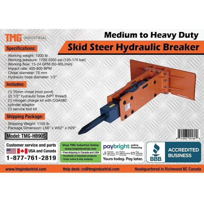 TMG Industrial 45-100 HP Skid Steer Hydraulic Breaker, 3” Moil Point Chisel, 785 J Impact Energy, Universal Mount, TMG-HB90S