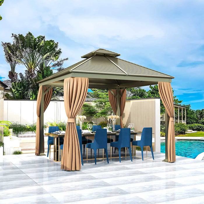 TMG Industrial 10’ x 10’ Hardtop, Double Tier Steel Roof Patio Gazebo, Mosquito Nets & Curtains Included, TMG-LGZ11