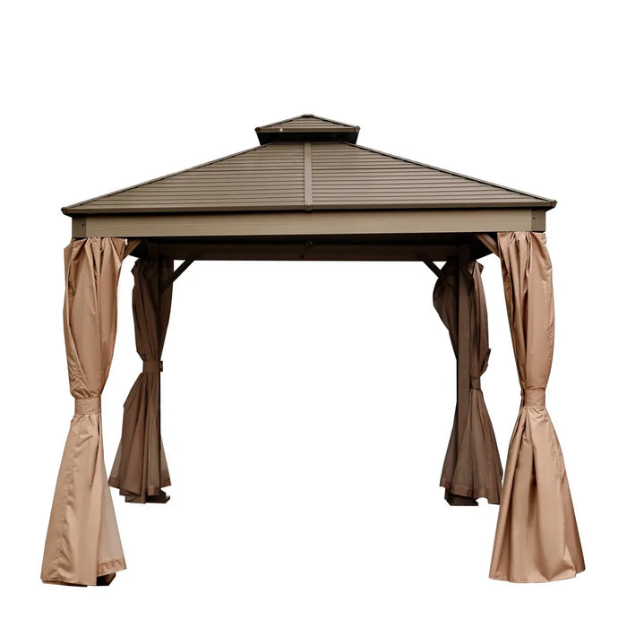 TMG Industrial 10’ x 10’ Hardtop, Double Tier Steel Roof Patio Gazebo, Mosquito Nets & Curtains Included, TMG-LGZ11