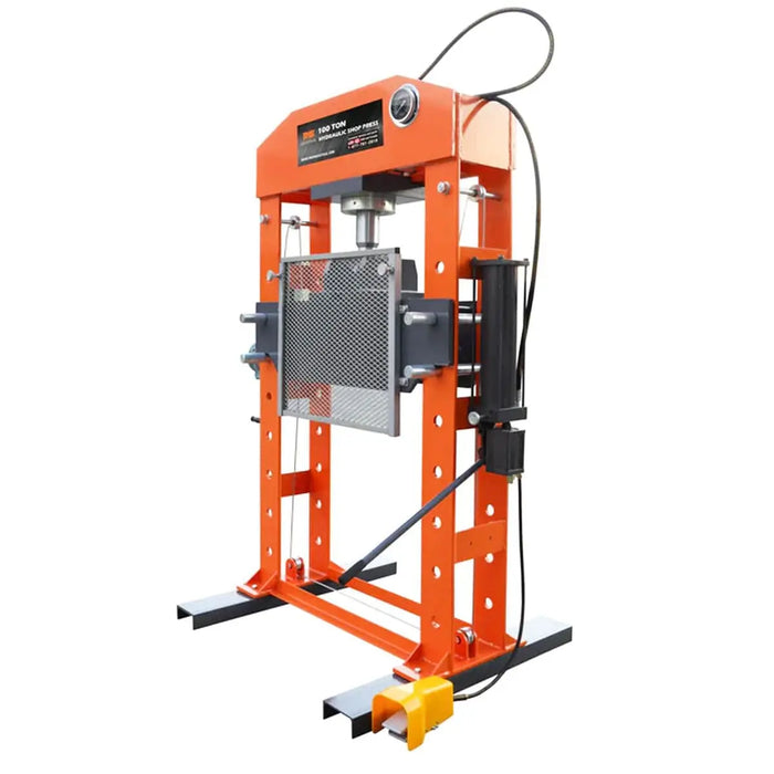 TMG Industrial 100 Ton Capacity Hydraulic Shop Press, Heavy Duty Pressing, Protective Grid Guard, Fully Welded H-Frame, Air & Manual Dual Operation, TMG-SP100