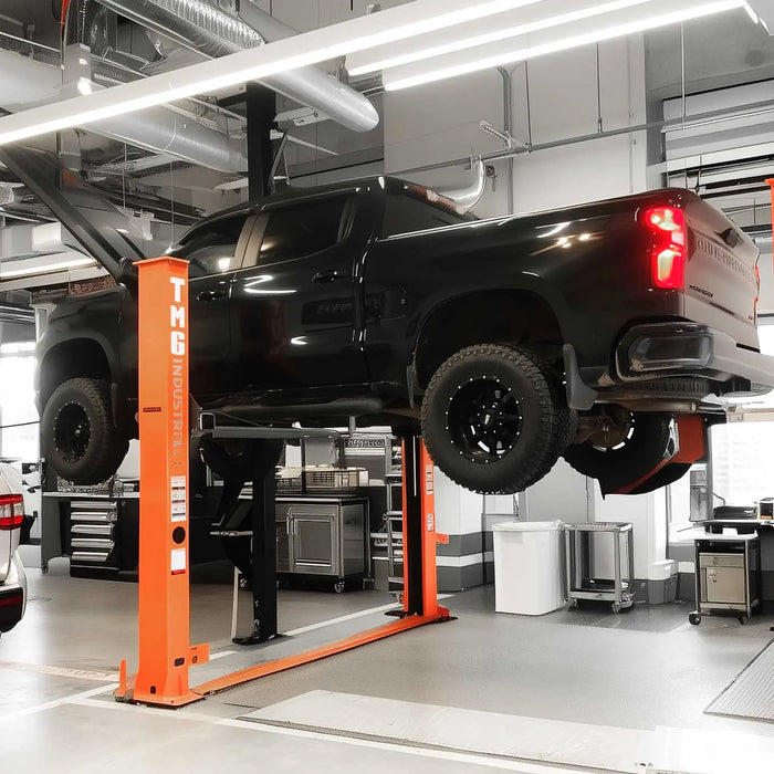 TMG Industrial 10,000-lb Two Post Floor Plate Auto Lift, Symmetric Arms, 77” Lift Height, Dual-Point Lock Release, TMG-TPL45