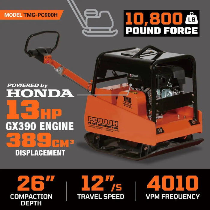 TMG Industrial 10,800-lb Reversible Hydraulic Plate Compactor, 13 HP Honda GX390 Engine, 400-kg Net Weight , Hydraulic Control, TMG-PC900H