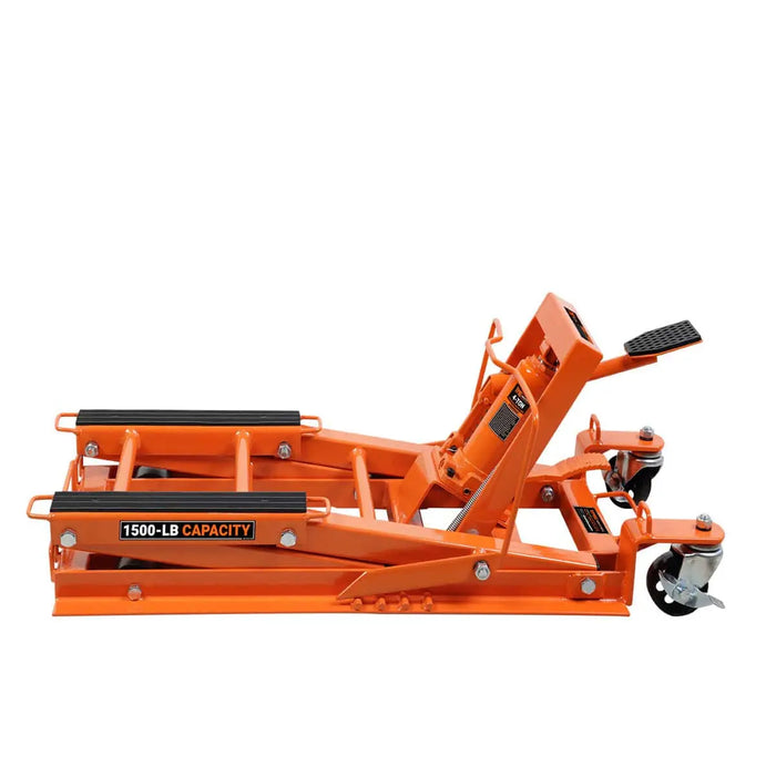 TMG Industrial 1500-lb Motorcycle ATV Jack Lift, 5”-16” Lifting Range, 6 Locking Positions, Swivel Casters, Bottle Jack, TMG-ALM68