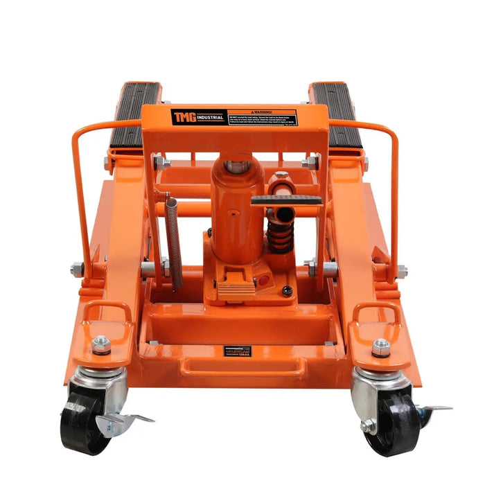 TMG Industrial 1500-lb Motorcycle ATV Jack Lift, 5”-16” Lifting Range, 6 Locking Positions, Swivel Casters, Bottle Jack, TMG-ALM68