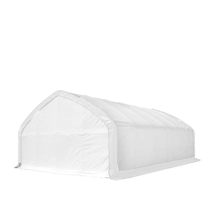 TMG Industrial 20' x 30' Straight Wall Peak Ceiling Storage Shelter with Heavy Duty 11 oz PE Cover & Drive Through Door, TMG-ST2031E