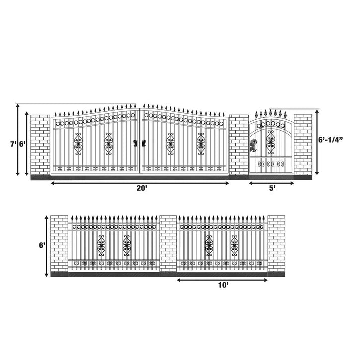 TMG Industrial 265-ft Bi-Parting Ornamental Wrought Iron Gate & Fence Panels Combo Pack, All Steel, Powder Coated, TMG-MG265P