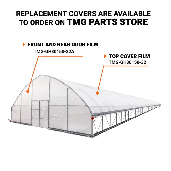 TMG Industrial 30’ x 150’ Tunnel Greenhouse Grow Tent w/6 Mil Clear EVA Plastic Film, Cold Frame, Hand Crank Roll-Up Sides, Peak Ceiling Roof, TMG-GH30150