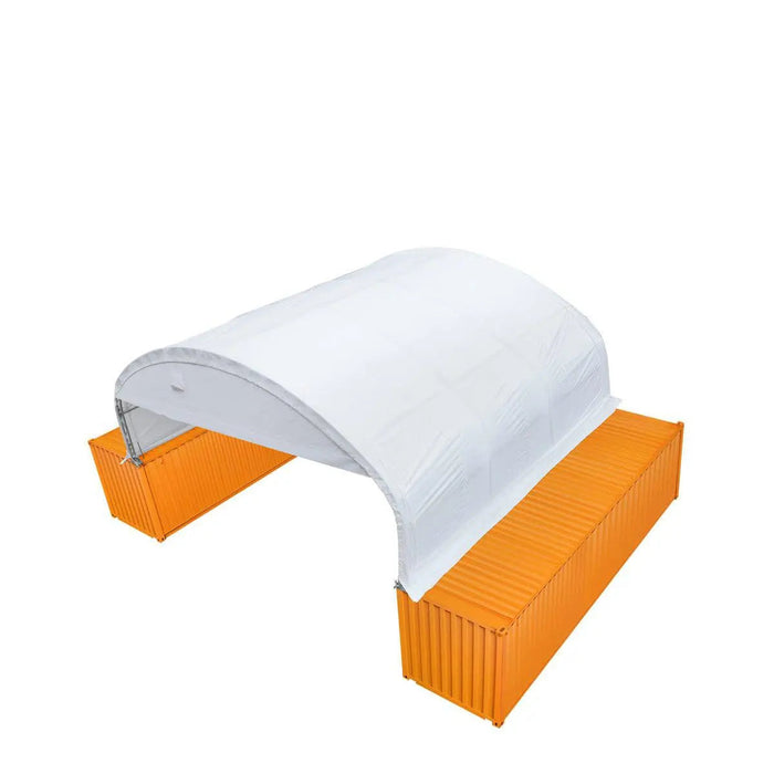 30' x 20' kaksoisristikkorakenteinen konttisuoja, jossa on kestävä 17 unssin PVC-katos, suljettu päätyseinä ja alaslaskettava etuseinä, TMG-DT3020CF