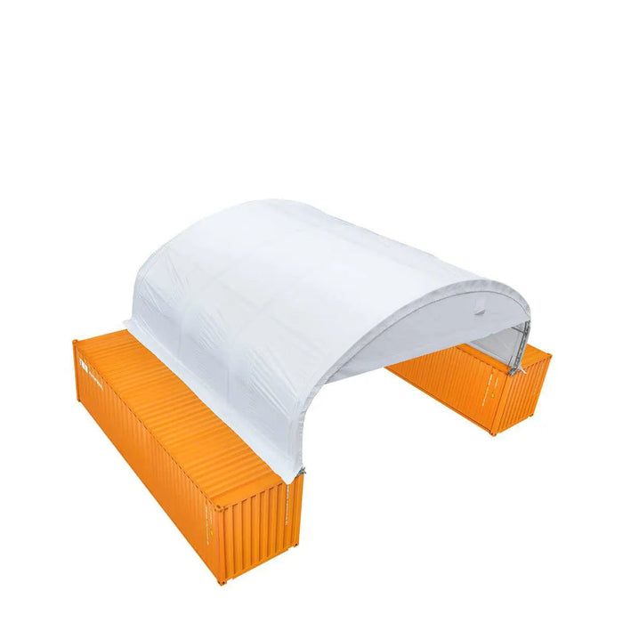 30' x 20' kaksoisristikkorakenteinen konttisuoja, jossa on kestävä 17 unssin PVC-katos, suljettu päätyseinä ja alaslaskettava etuseinä, TMG-DT3020CF