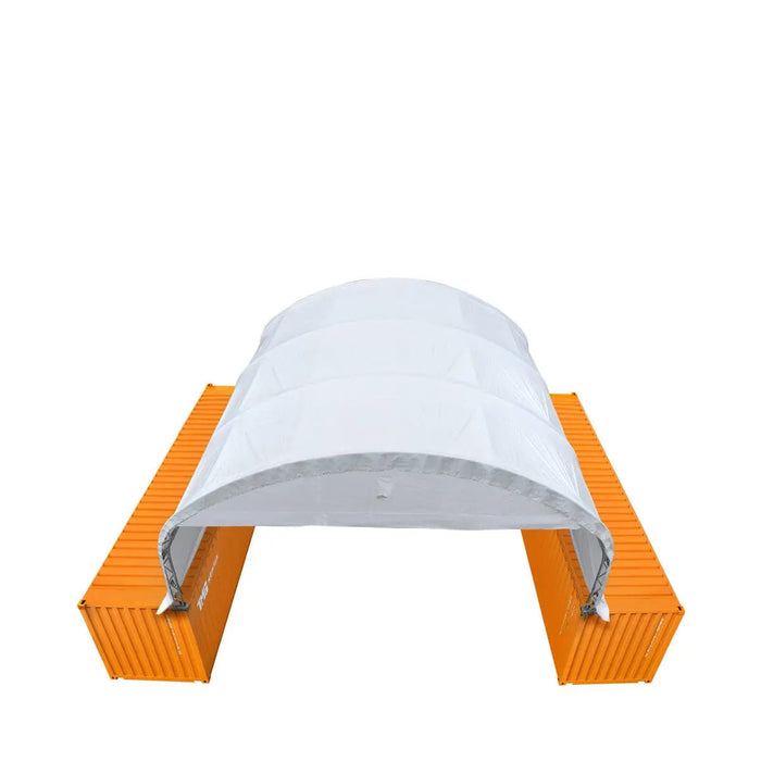 30' x 20' kaksoisristikkorakenteinen konttisuoja, jossa on kestävä 17 unssin PVC-katos, suljettu päätyseinä ja alaslaskettava etuseinä, TMG-DT3020CF