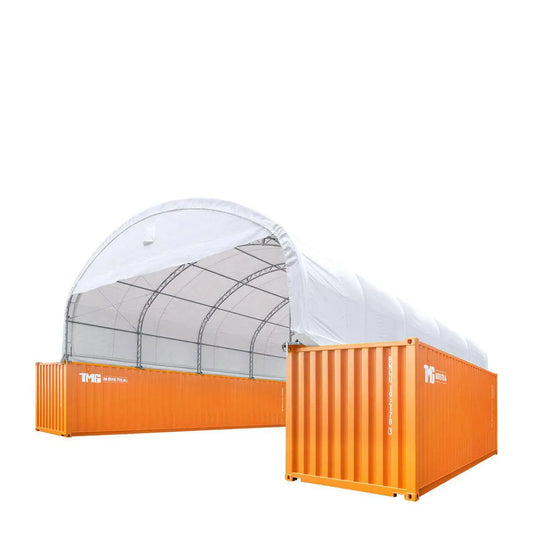TMG Industrial 30' x 40' Dual Truss Container Shelter with Heavy Duty 17 oz PVC Cover, Enclosed End Wall & Front Drop, TMG-DT3040CF