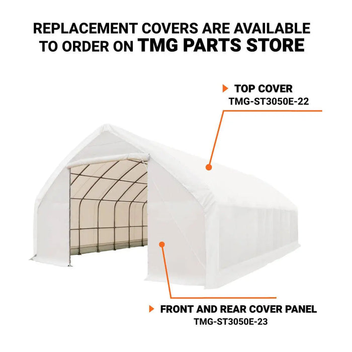 TMG-ST3052E 30' x 50' straight wall peak ceiling storage shelter with 10 oz PE cover
