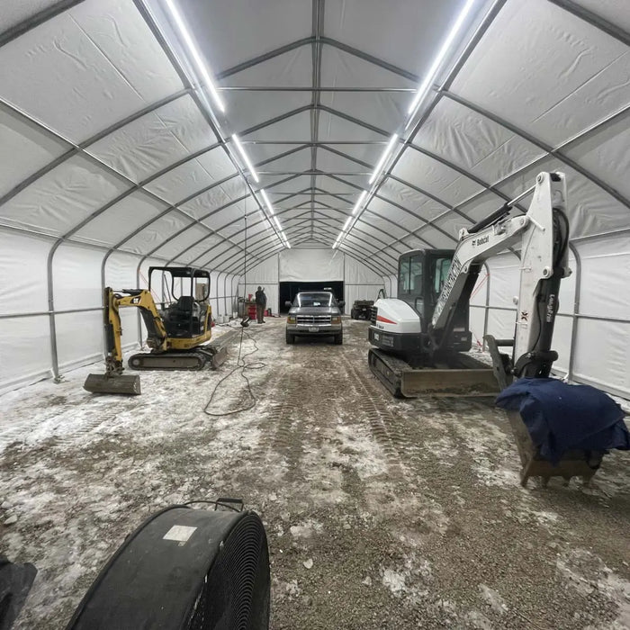 TMG Industrial 30' x 70' Straight Wall Peak Ceiling Storage Shelter with Heavy Duty 17 oz PVC Cover & Drive Through Doors, TMG-ST3070V