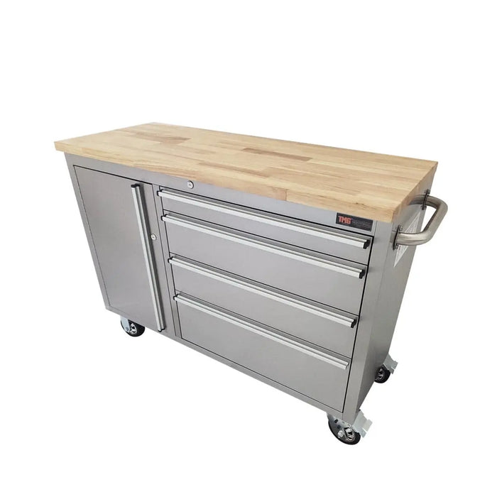 TMG Industrial 48” Stainless Steel Rolling Workbench, Rubberwood Tabletop, Lockable Drawers and Cabinet, Locking Wheels, TMG-WB4804S