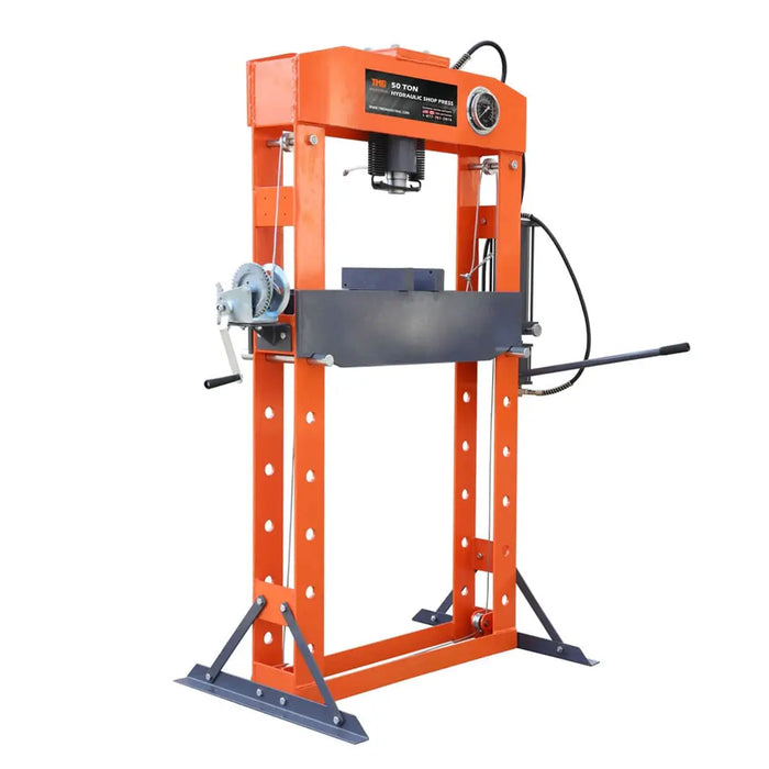 TMG Industrial 50 Ton Capacity Hydraulic Shop Press, Heavy Duty Pressing, Fully Welded H-Frame, Air & Manual Dual Operation, TMG-SP50
