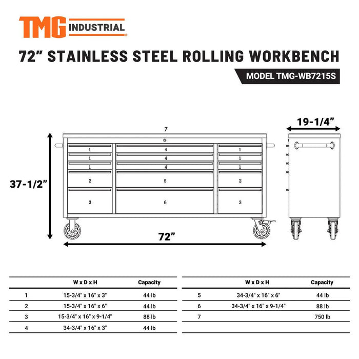 TMG Industrial 72” Stainless Steel Rolling Workbench, Rubberwood Tabletop, 15 Lockable Drawers, Locking Wheels, TMG-WB7215S
