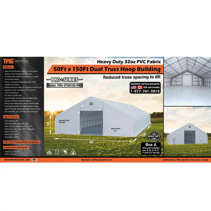 TMG Industrial Pro Series 50' x 150' Dual Truss Storage Shelter with Heavy Duty 32 oz PVC Cover & Drive Through Doors, TMG-DT50150-PRO