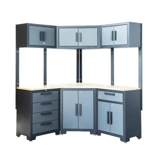 TMG Industrial Pro Series 9-Piece Corner Garage Cabinet Combo, 3 Overhead Cabinets, 3 Base Cabinets, TMG-GCC10
