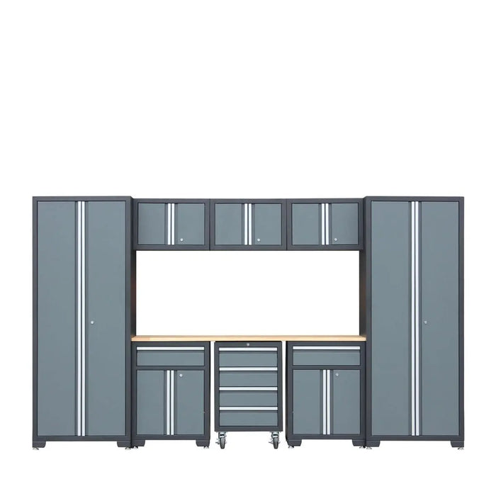 TMG Industrial Pro Series 9-Piece Garage Storage Cabinet Combo Set w/Rolling Cabinet, Rubber Wood Tabletop, Recessed Aluminum Handles, TMG-GCC09B