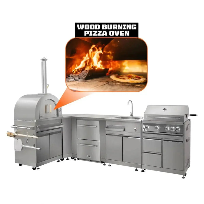 TMG Living Kitchen Pro Series 7-Piece Stainless Steel Modular Outdoor Kitchen Suite Set, 35” Refrigerator Cabinet, 32” BBQ, 4-Burner Gas Grill, Sink, Side Burner, Corner Cabinet, Pizza Oven, TMG-LKS12
