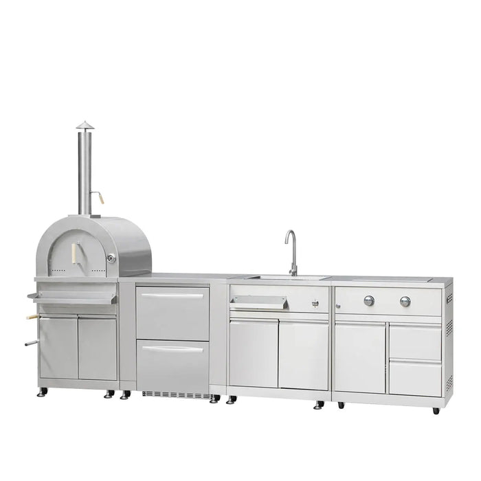 TMG Living Kitchen Pro Series 7-Piece Stainless Steel Modular Outdoor Kitchen Suite Set, 35” Refrigerator Cabinet, 32” BBQ, 4-Burner Gas Grill, Sink, Side Burner, Corner Cabinet, Pizza Oven, TMG-LKS12