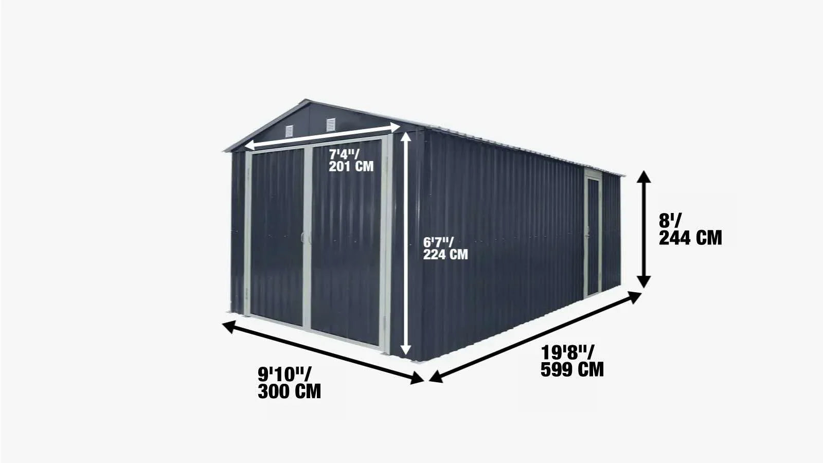 TMG Heavy Series™ 3 x 6 m Metal Garage Shed with Double Front Doors and Side Entry Door, 2.4 m Peak Height, TMG-MS1020B-specifications-image