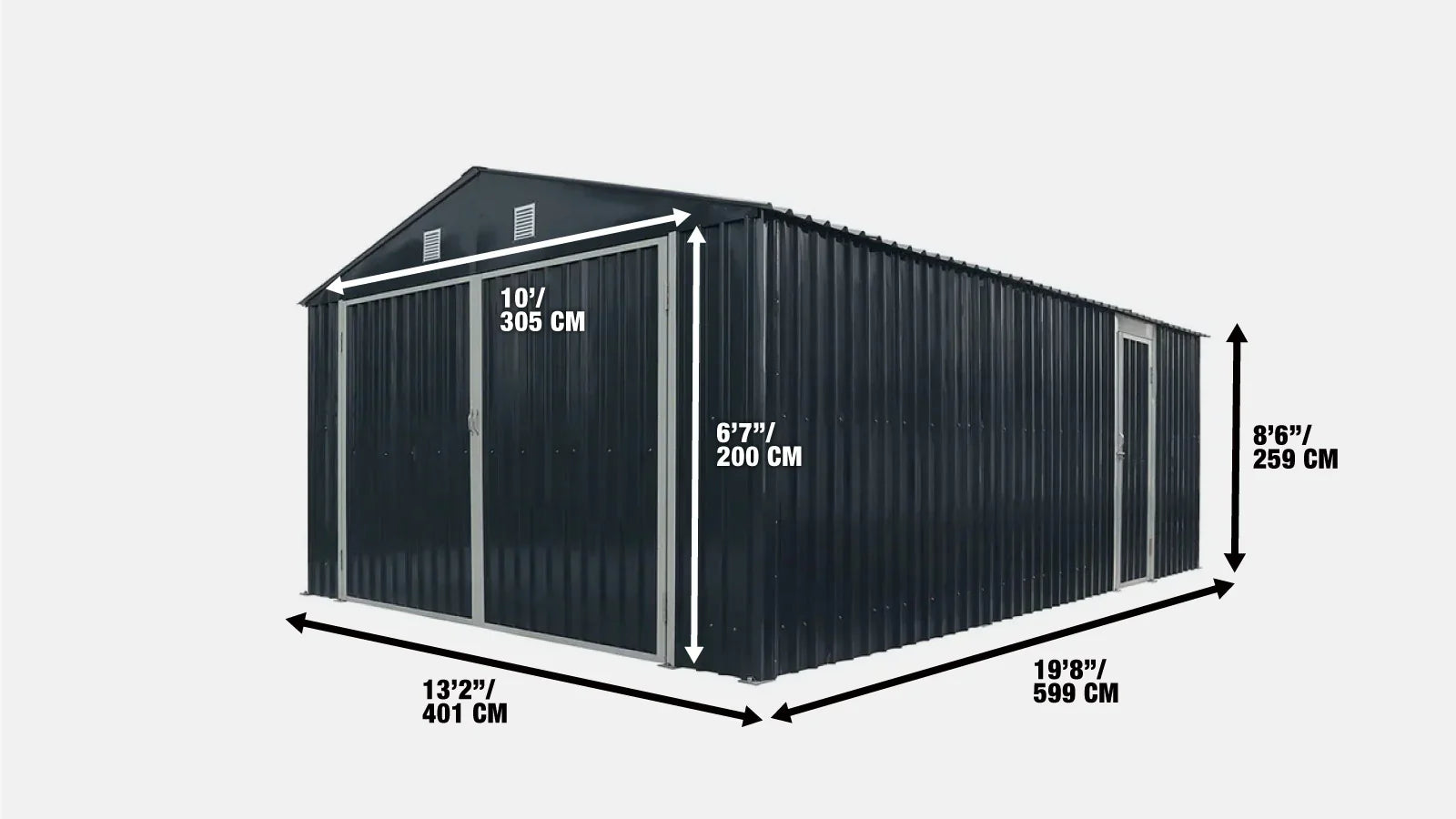 TMG Heavy Series™ 4 x 6 m Metal Garage Shed with Double Front Doors and Side Entry Door, 2.6 m Peak Height, TMG-MS1320B-specifications-image