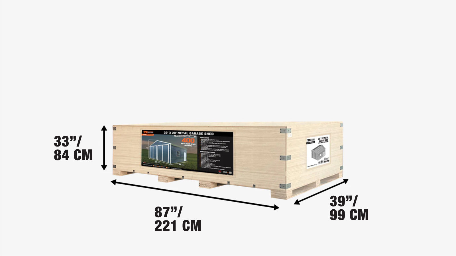 20' x 20' metallinen autotallivarasto, 9' korkeat pariovet etuovella, 13' huippu, 37 m² TMG-MS2020-shipping-info-image