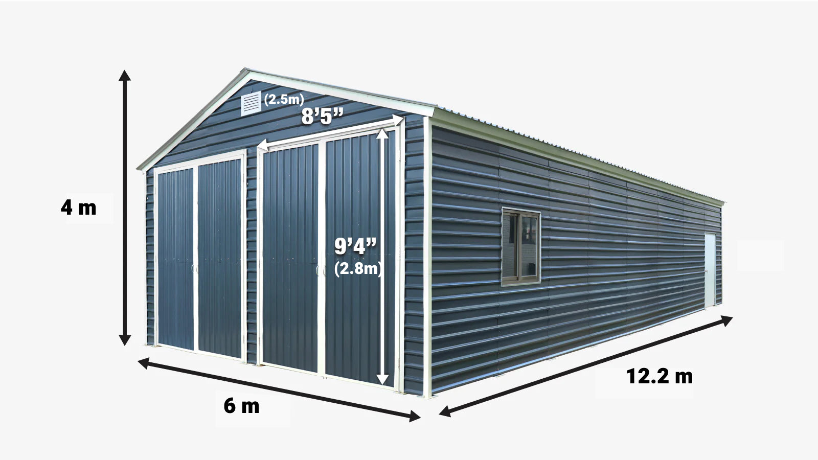 6 x 12 m Metal Garage Shed, 2.8 m High Double Front Doors, 4 m Peak, 72 m² TMG-MS2040-specifications-image