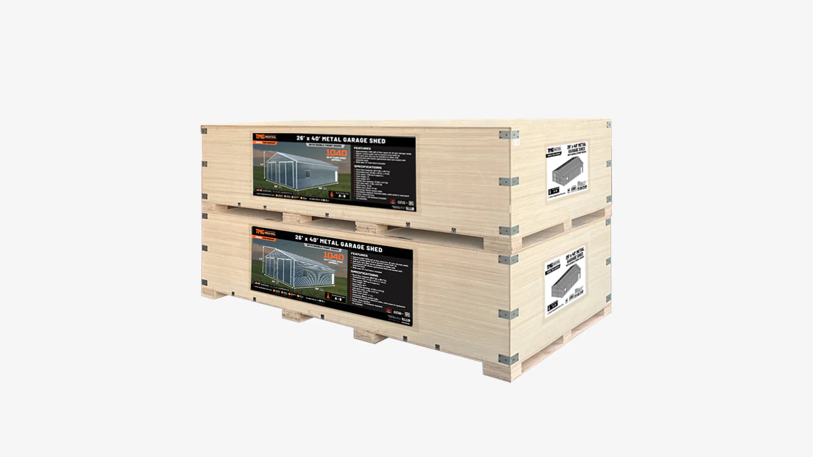 26' x 40' metallinen autotallivarasto, 9' korkeat pariovet etuovella, 14' huippu, 1040 neliöjalkaa TMG-MS2640-shipping-info-image