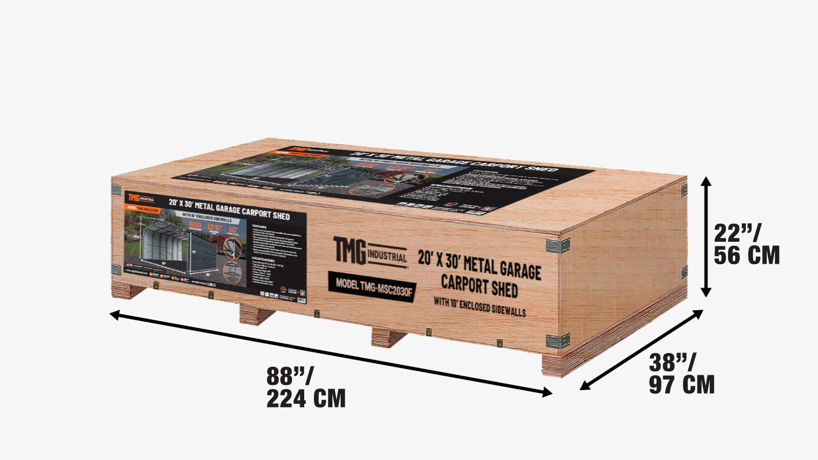 20' x 30' metallikatos, 10' suljetut sivuseinät, 55 neliömetriä, 27 GA aaltolevyt, TMG-MSC2030F-shipping-info-image
