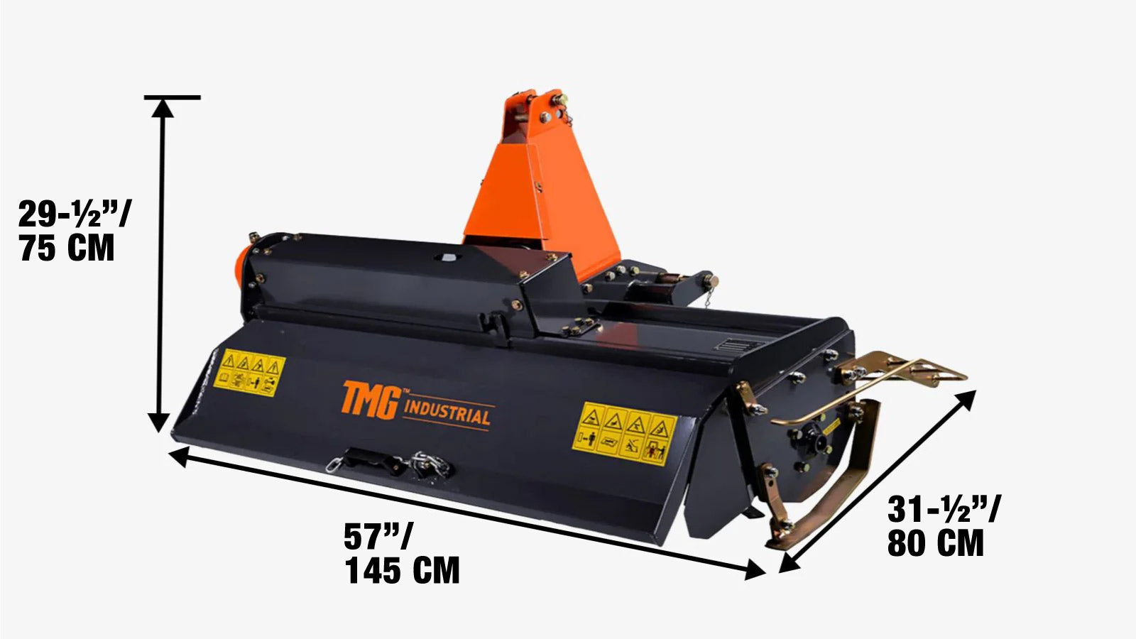 122 cm:n kolmipistekiinnitteinen jyrsin, 18–30 hv:n kompakti malli, 8,5 cm:n muokkautumissyvyys, nivelakseli sisältyy toimitukseen, luokan 1 liitäntä, TMG-RT120-specifications-image