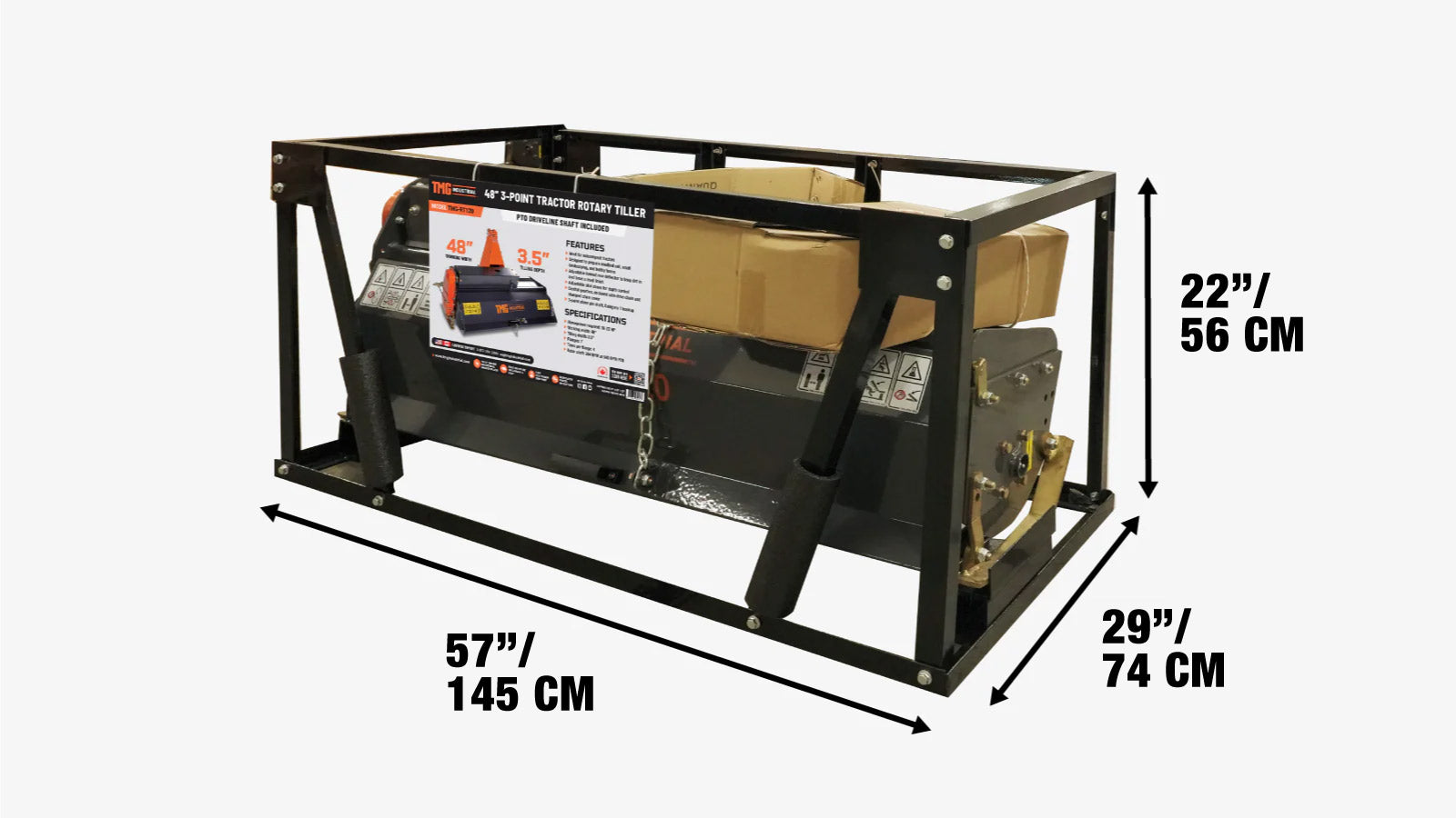 122 cm:n kolmipistekiinnitteinen jyrsin, 18–30 hv:n kompakti malli, 8,5 cm:n muokkautumissyvyys, nivelakseli sisältyy toimitukseen, luokan 1 liitäntä, TMG-RT120-shipping-info-image