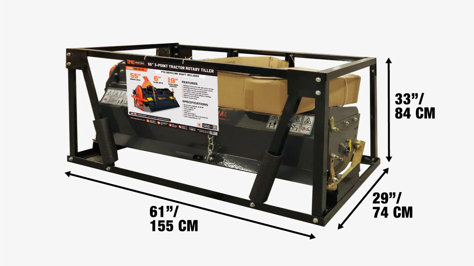 140 cm:n kolmipistekiinnitteinen jyrsin, 30–40 hv:n kompaktitraktori, 15 cm:n muokkautumissyvyys, nivelakseli sisältyy toimitukseen, luokan 2 kytkentä, TMG-RT135-shipping-info-image