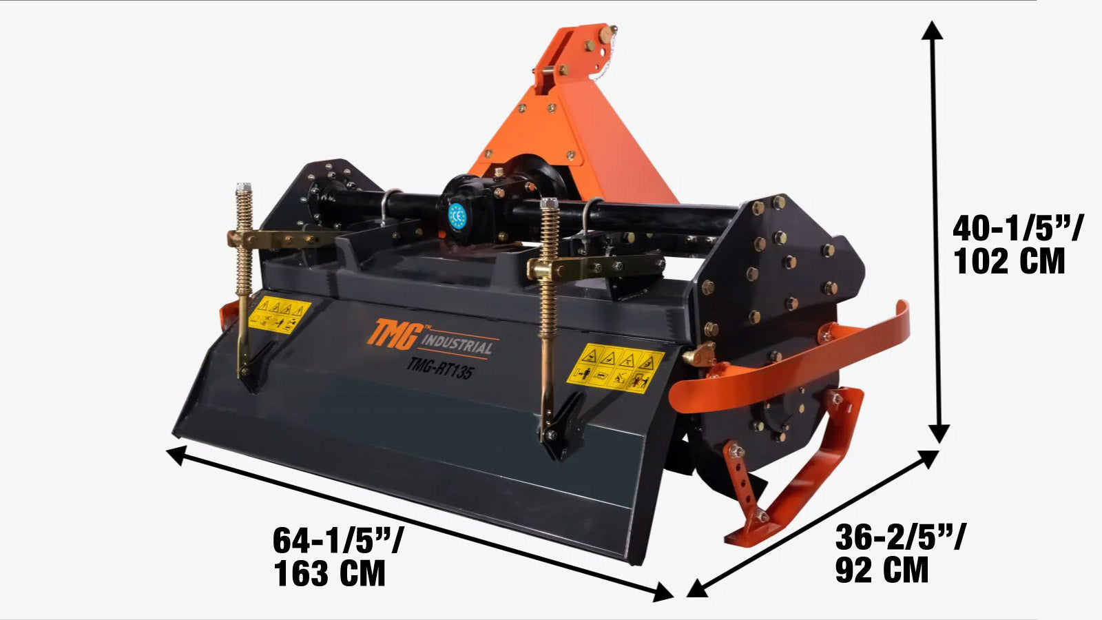 140 cm:n kolmipistekiinnitteinen jyrsin, 30–40 hv:n kompaktitraktori, 15 cm:n muokkautumissyvyys, nivelakseli sisältyy toimitukseen, luokan 2 kytkentä, TMG-RT135-specifications-image