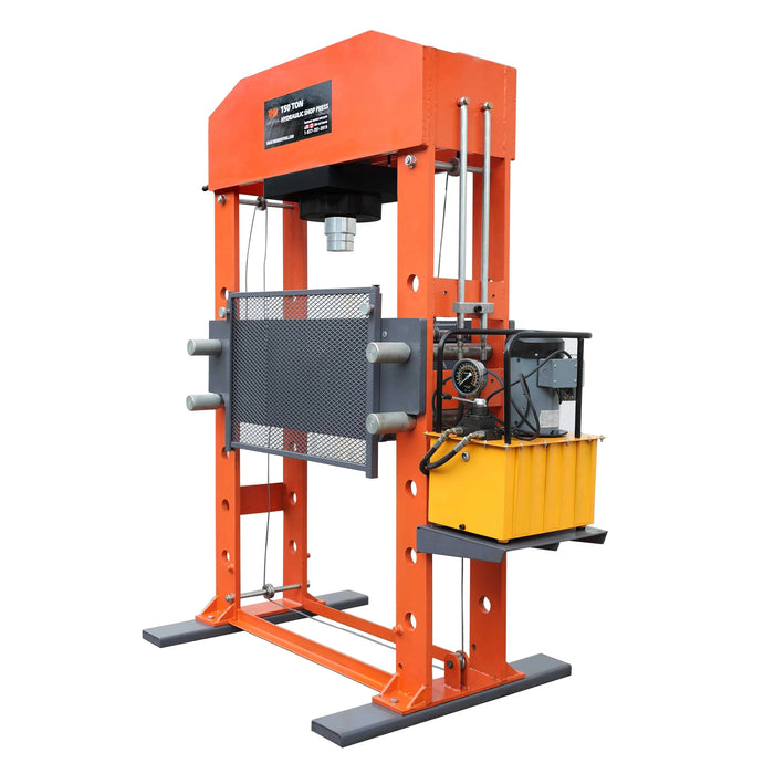 150 Ton Capacity Hydraulic Shop Press, Heavy Duty Pressing, Protective Grid Guard, Fully Welded H-Frame, TMG-SP150