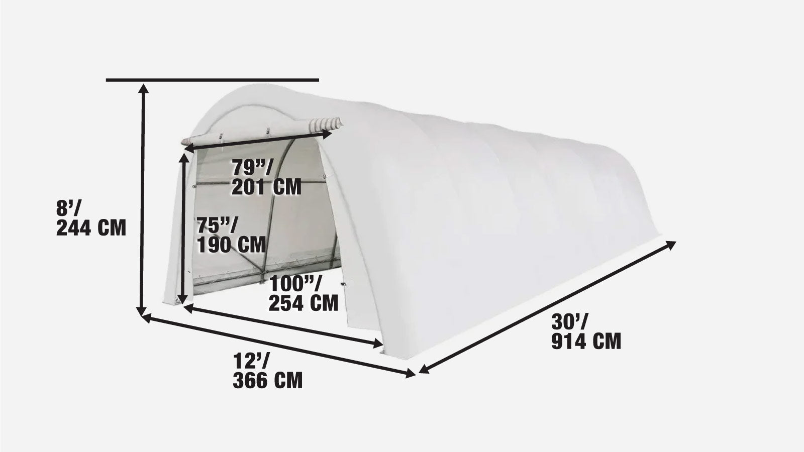 12' x 30' autokatos pyöristetyllä katolla ja kestävällä 11 OZ PE-kangaskatolla, galvanoitu teräsrunko, kangaspäällysteinen etuovi, TMG-ST1230R-specifications-image