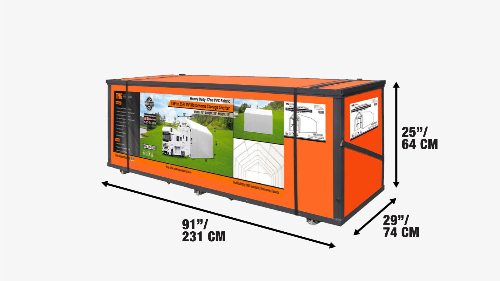 15' x 25' matkailuautojen/asuntoautojen säilytyshalli, 17 oz PVC-kangaskatos, eturullaovi, suljettu takaseinä, kolmikerroksinen galvanoitu teräsrunko, 10' suorat sivuseinät, TMG-ST1525-shipping-info-image