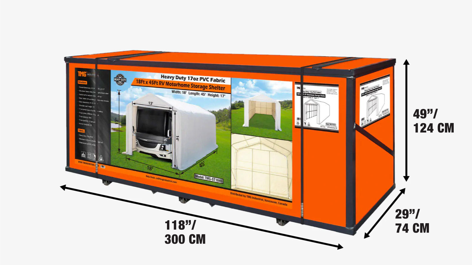 5.5 x 13.5m RV/Motorhome Storage Shelter with Heavy-Duty 570 gsm PVC Fabric Cover, TMG-ST1845-shipping-info-image