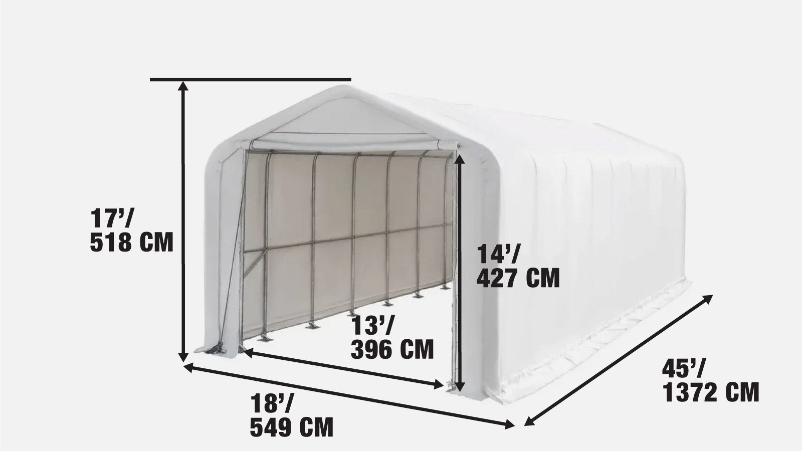 5.5 x 13.5m RV/Motorhome Storage Shelter with Heavy-Duty 570 gsm PVC Fabric Cover, TMG-ST1845-specifications-image