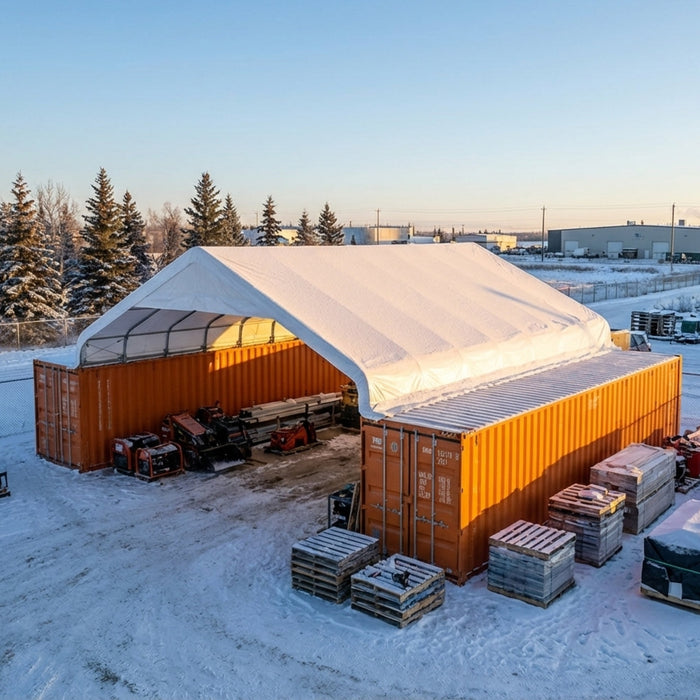 30' x 40' PVC-kankaasta valmistettu kontti, huippukatos, päätyseinä ja osittainen etulasin, Pro-sarja, palosuojattu, vedenkestävä, UV-suojattu, TMG-ST3041CVF