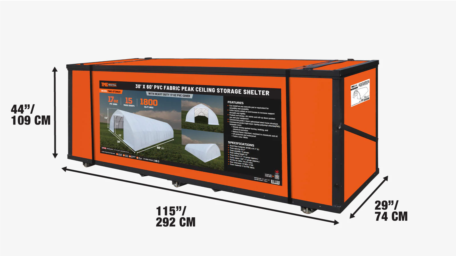 30' x 60' huippukattoinen varastohalli, jossa on kestävä 17 oz:n PVC-katos ja läpiajo-ovet, TMG-ST3060V-shipping-info-image