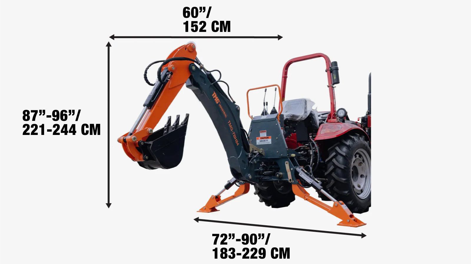 2200 mm (7’) 3-Point Hitch Swing Backhoe Attachment, Category 1 & 2, 40 - 100 HP Tractor TMG-TBH84-specifications-image