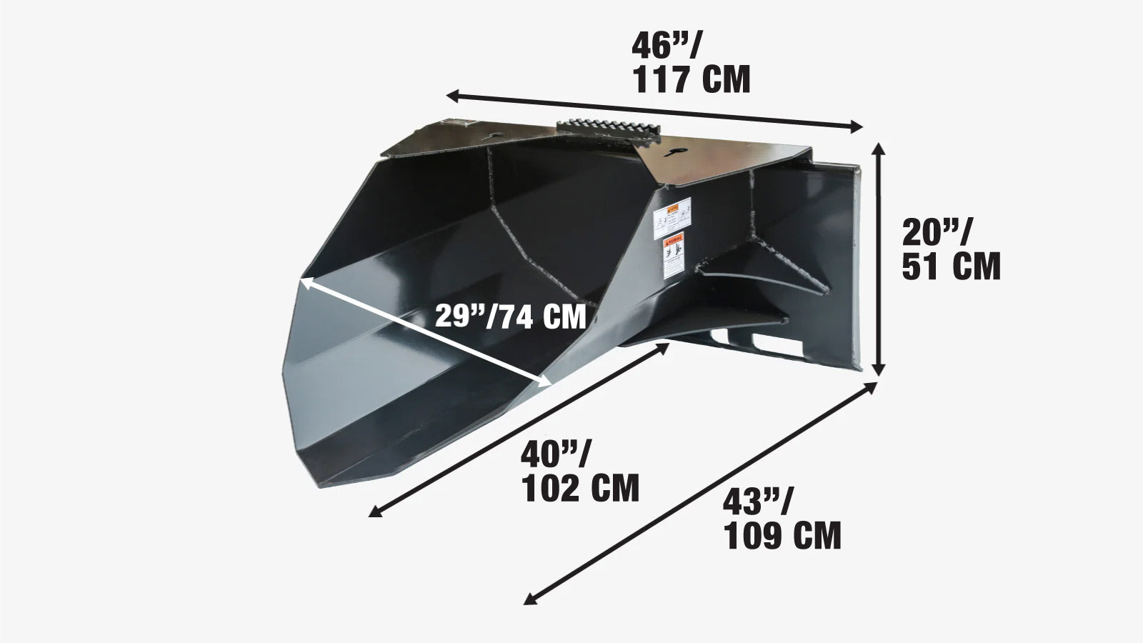 1067 mm (42″) Heavy Duty Skid Steer Tree Scoop, 680 kg (1500 lb) Capacity, Chain Slot Tie Downs, TMG-TS42-specifications-image
