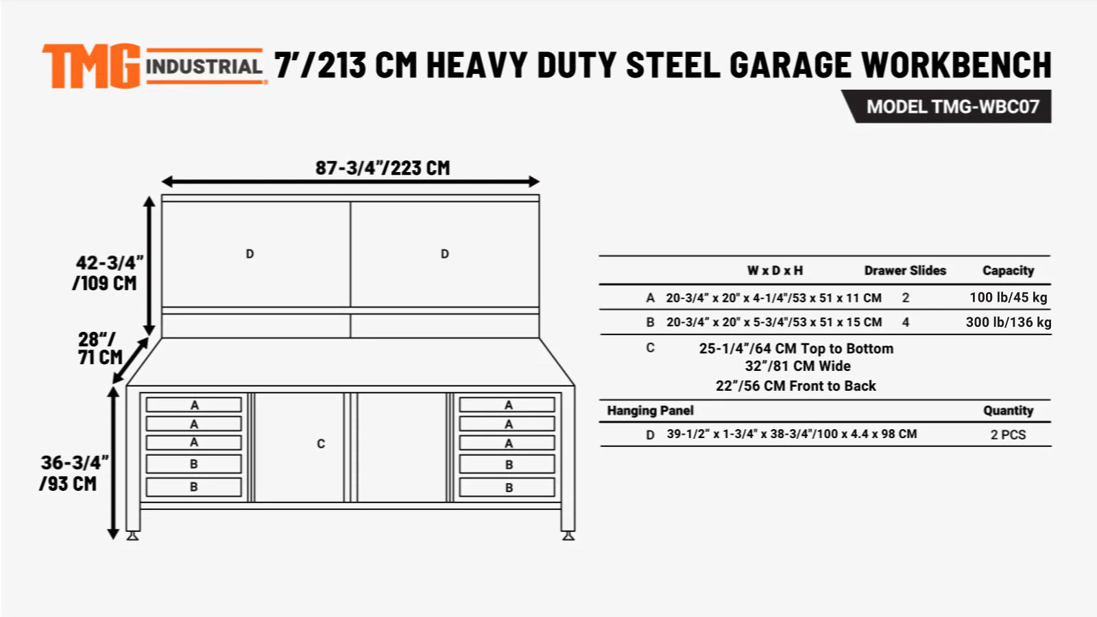 7' ammattitason työpöytä reikälevyllä ja ruostumattomasta teräksestä valmistetulla pöytälevyllä, TMG-WBC07-specifications-image